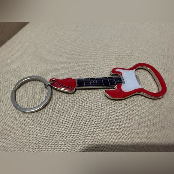 Guitar Bottle Opener Keychain Red & White – Rockin’ Accessory for Music Lovers - Picture 3 of 15